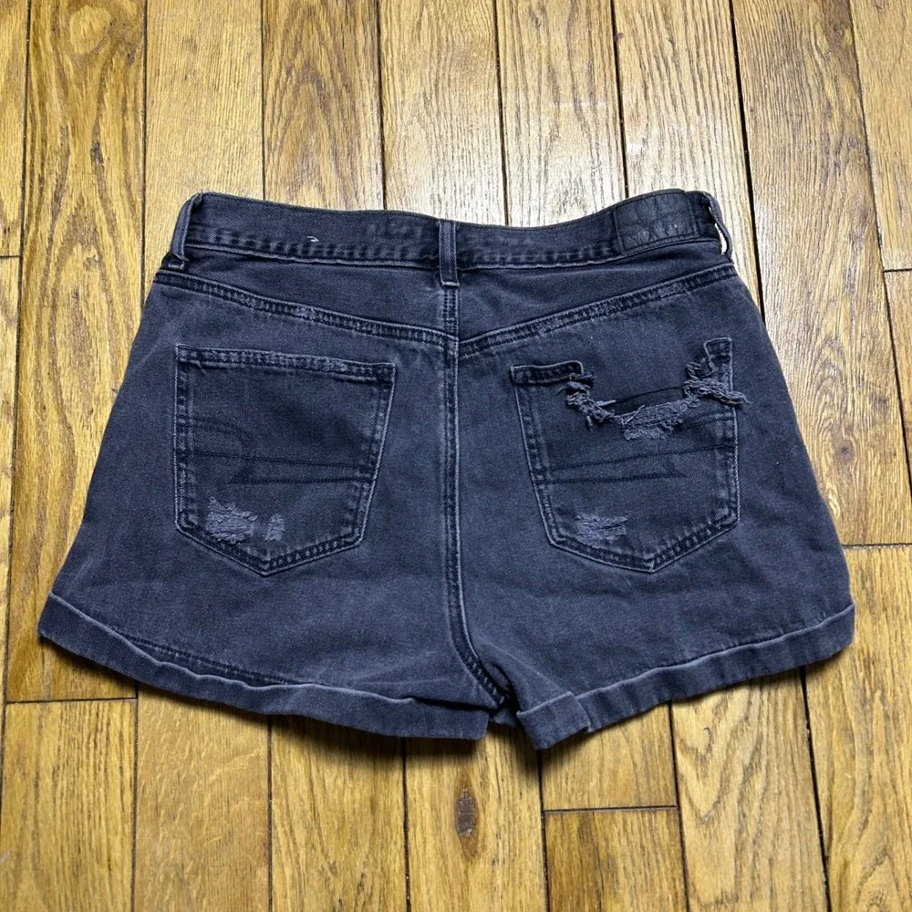 American‎ Eagle Distressed Black Denim Shorts High Waisted Rolled Cuff Size 6